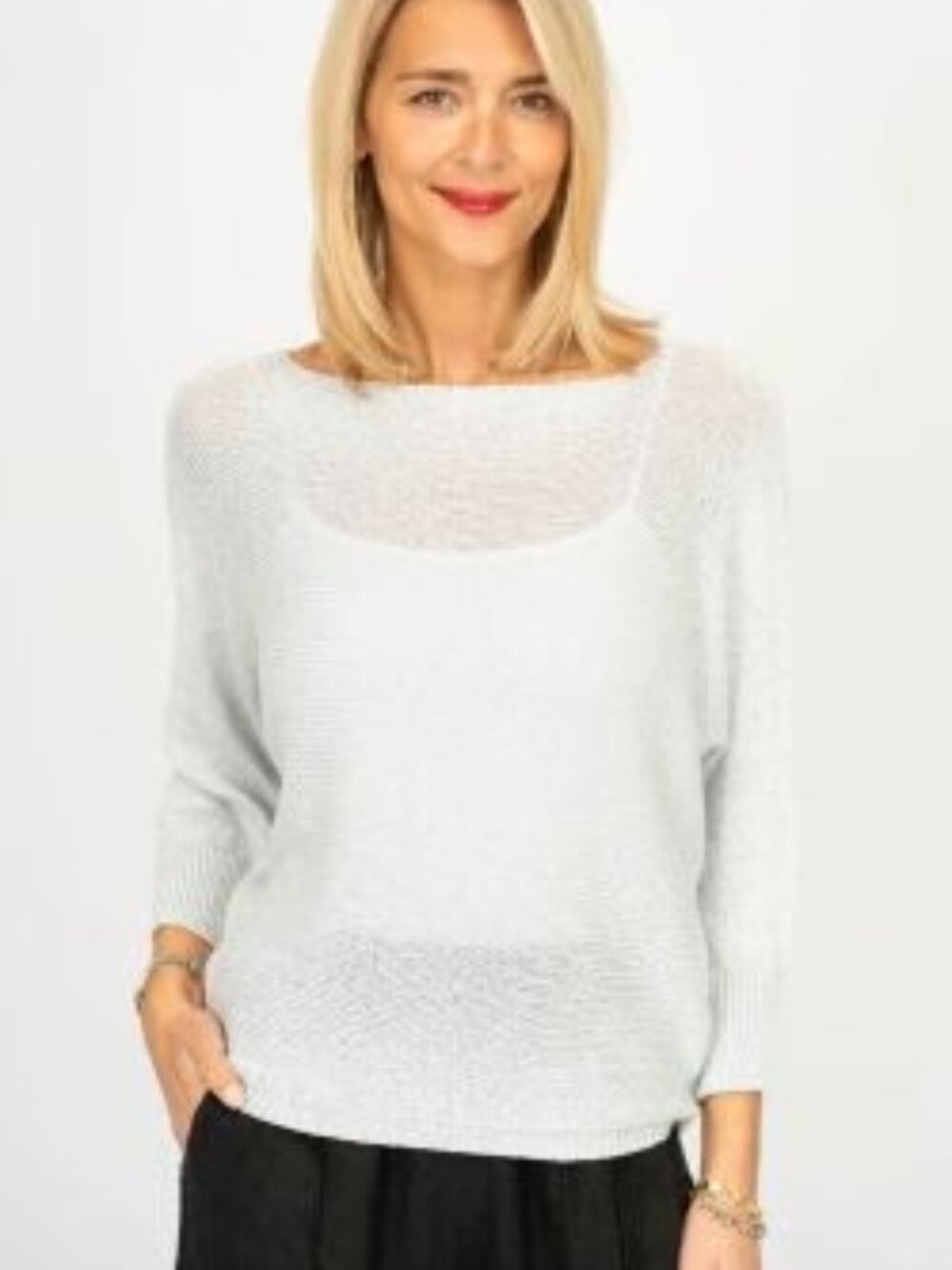WHBM Light Sweater 3/4 Dolman-Sleeve Tieback Ribbon Shimmer Silver Sequin S
